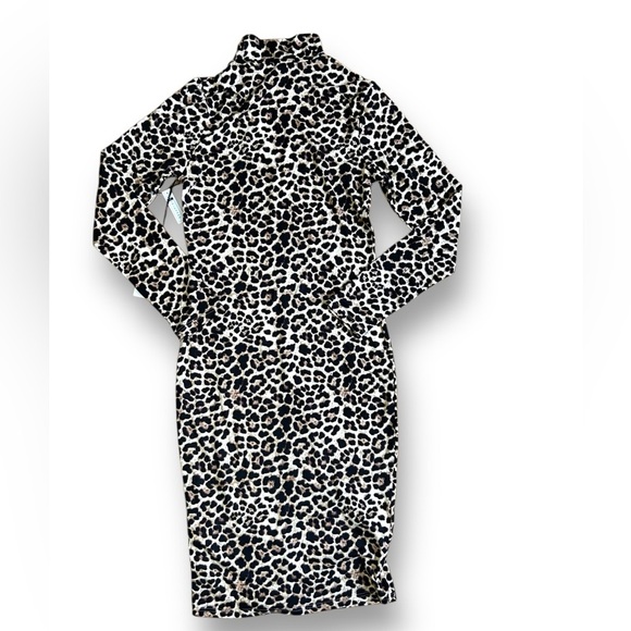 Leith Leopard Print Mock Neck Long Sleeve Bodycon Dress Tan Concord SZ XS - Picture 7 of 9